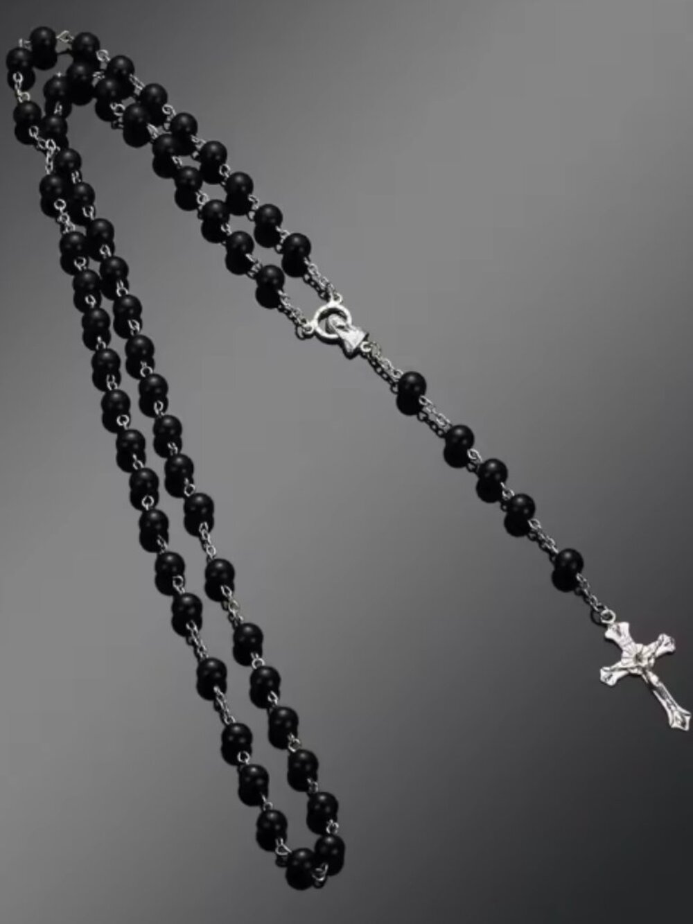 Black Bead Rosary with Silver Cross & Accents - 24" Long NWT